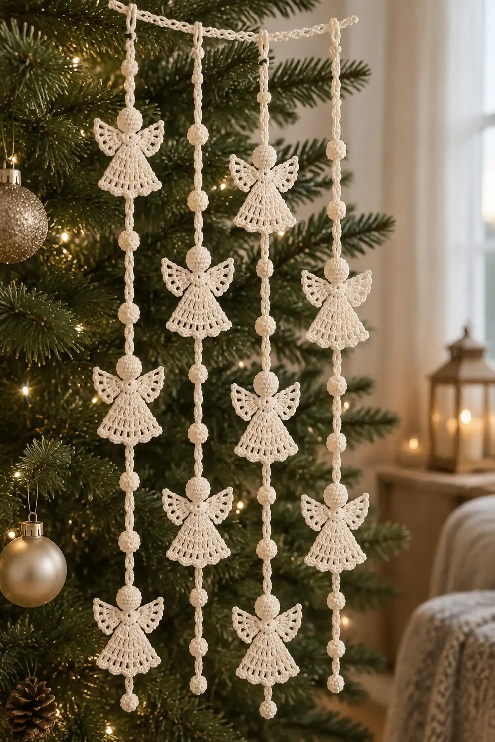 Crocheted cream angel ornaments with beaded strings hang on a decorated Christmas tree with warm lights.