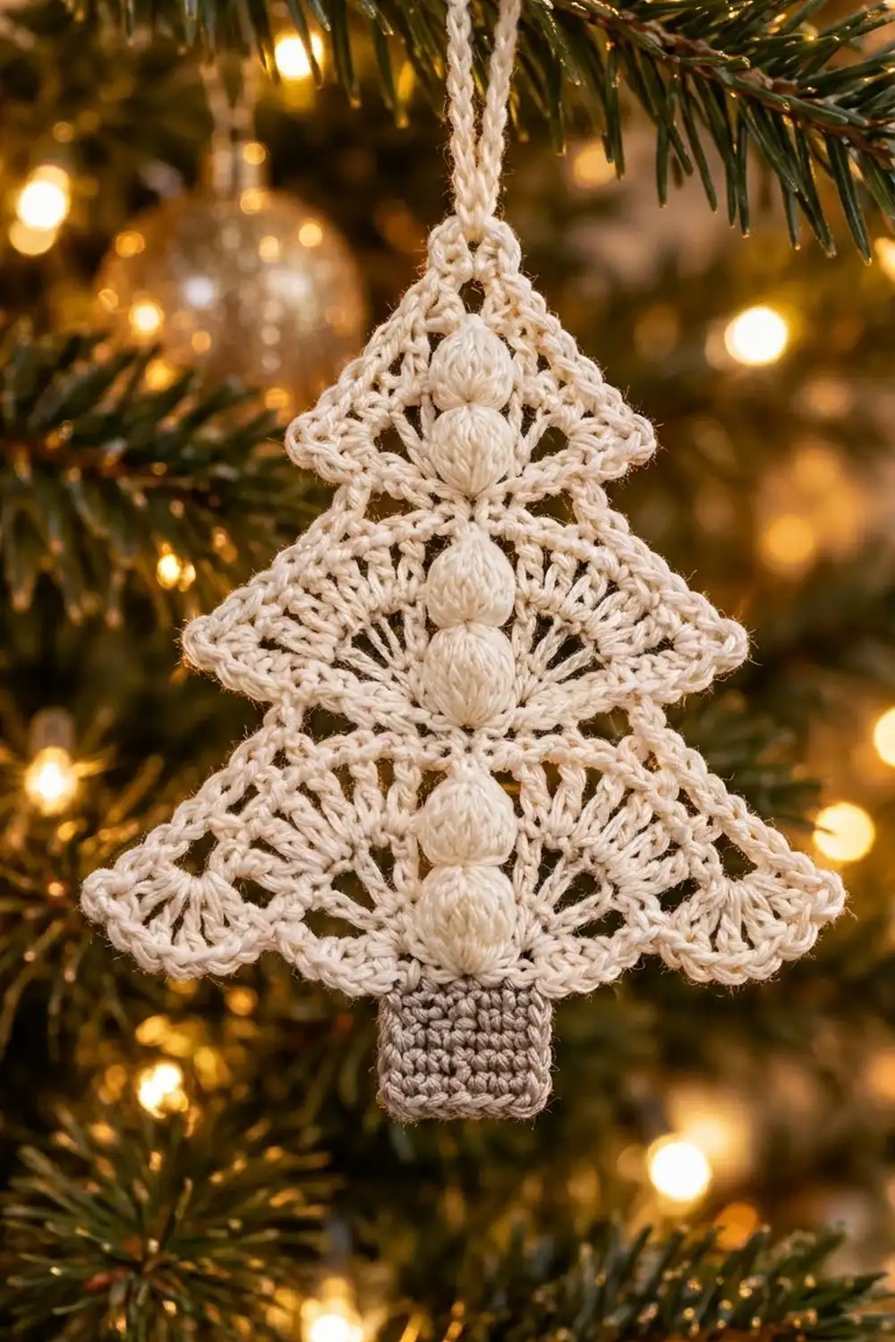 Cream crocheted Christmas tree ornament with popcorn detailing hanging on evergreen branch amid warm golden lights.