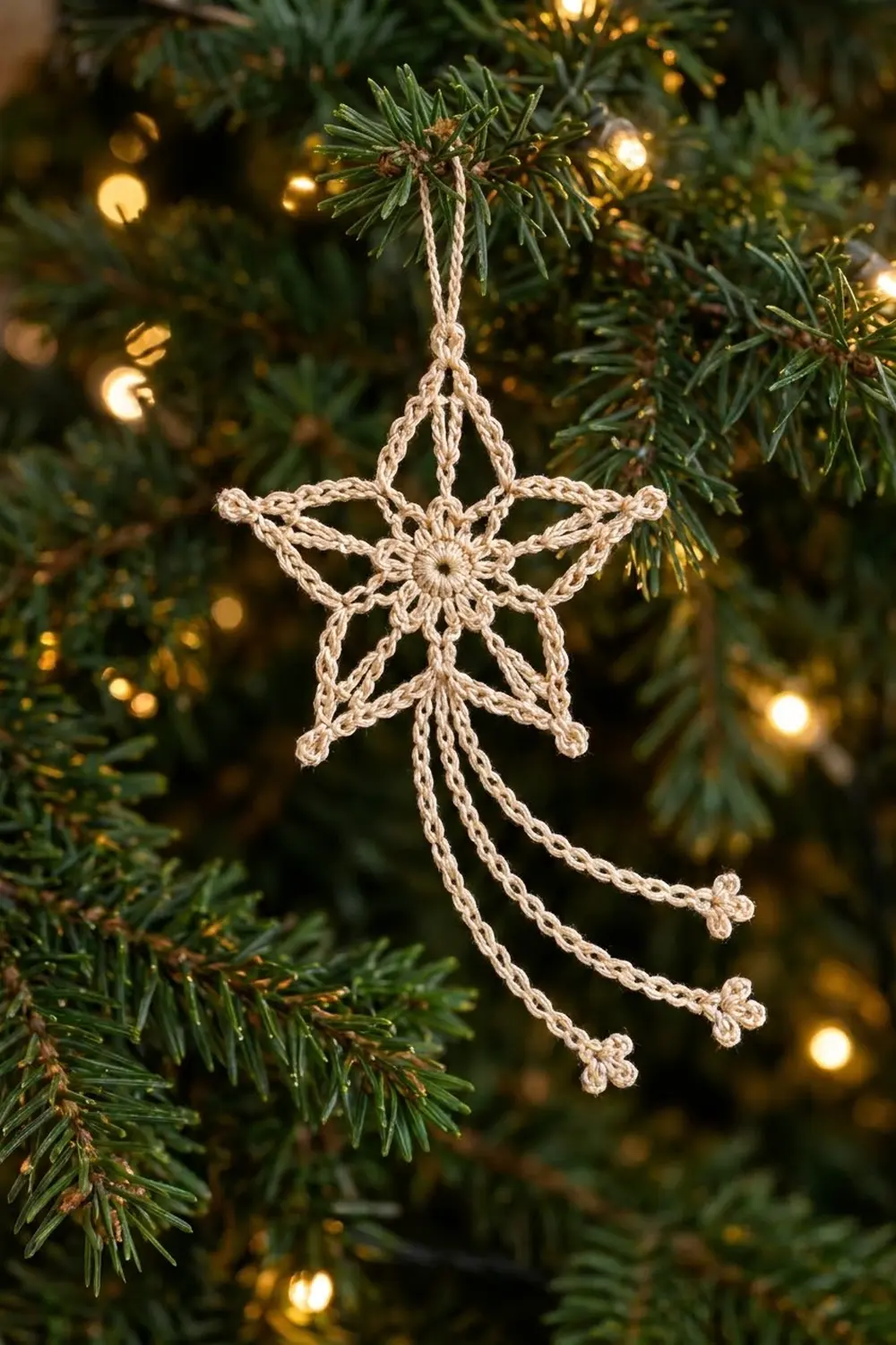 Cream crochet star ornament hanging from evergreen branches with warm golden holiday lights glowing in the background.