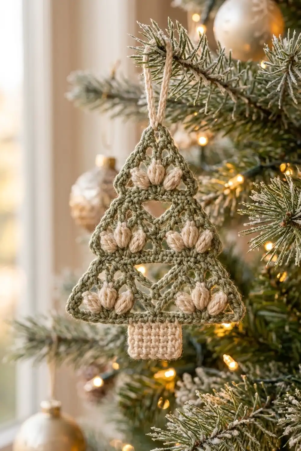 A crocheted sage-green Christmas tree ornament with cream accents, displayed on a snowy evergreen branch amid gold holiday lights.