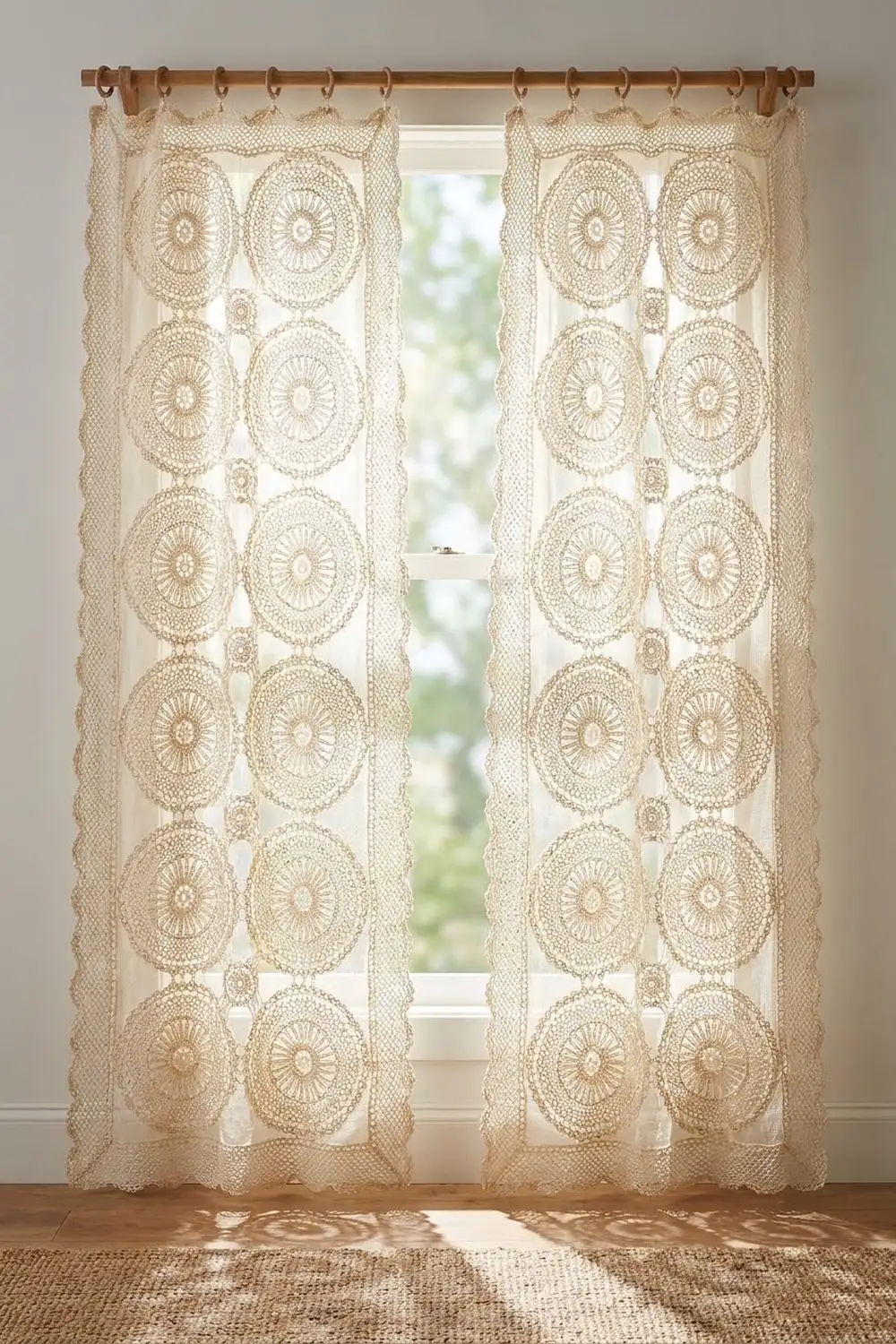 Two cream crochet curtain panels with circular medallion patterns hang from a wooden rod, filtering sunlight through a bright window.