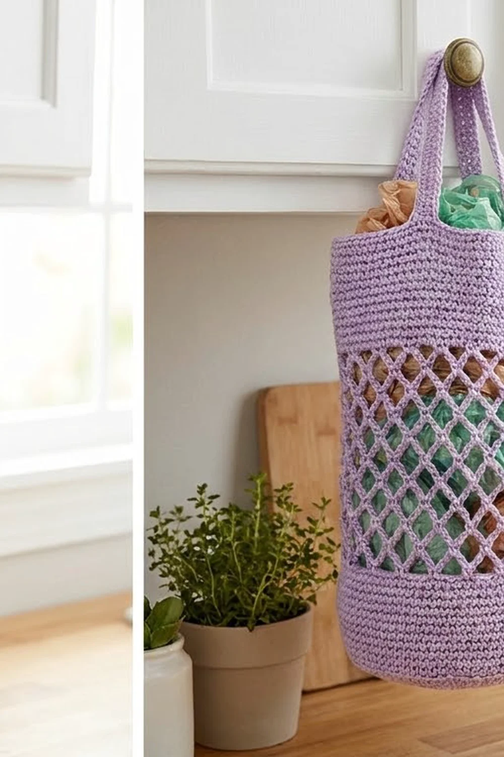 Lavender crocheted market bag hanging on a white cabinet door, with a potted herb plant and cutting board nearby.