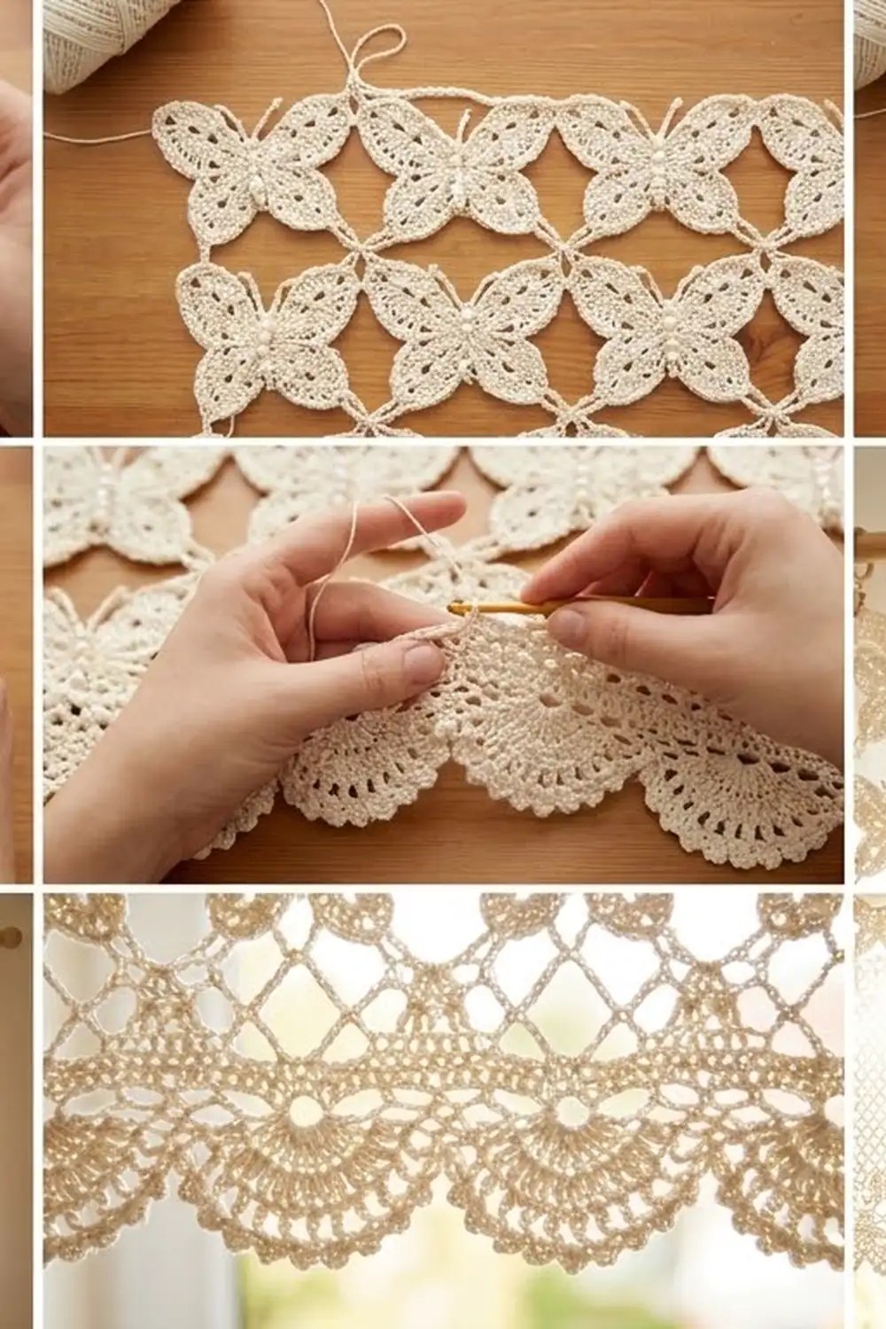 Cream-colored crocheted butterfly motifs connected with yarn, shown in progress and as finished delicate edging trim.