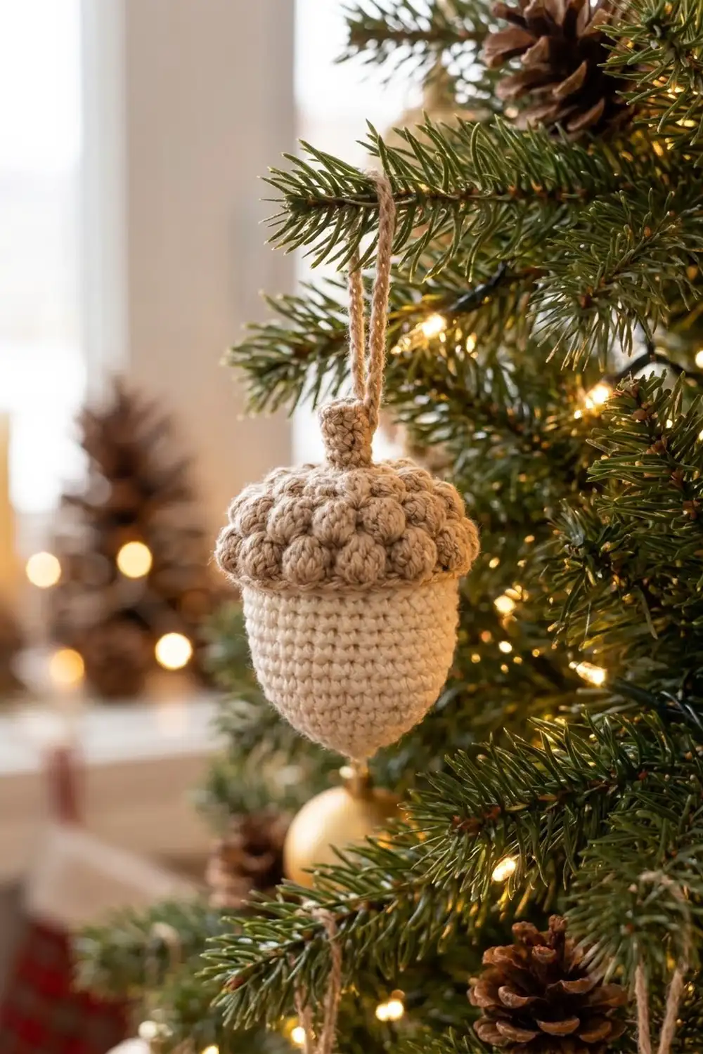 Cream and tan crocheted acorn ornament hanging on a Christmas tree with warm lights and natural greenery.