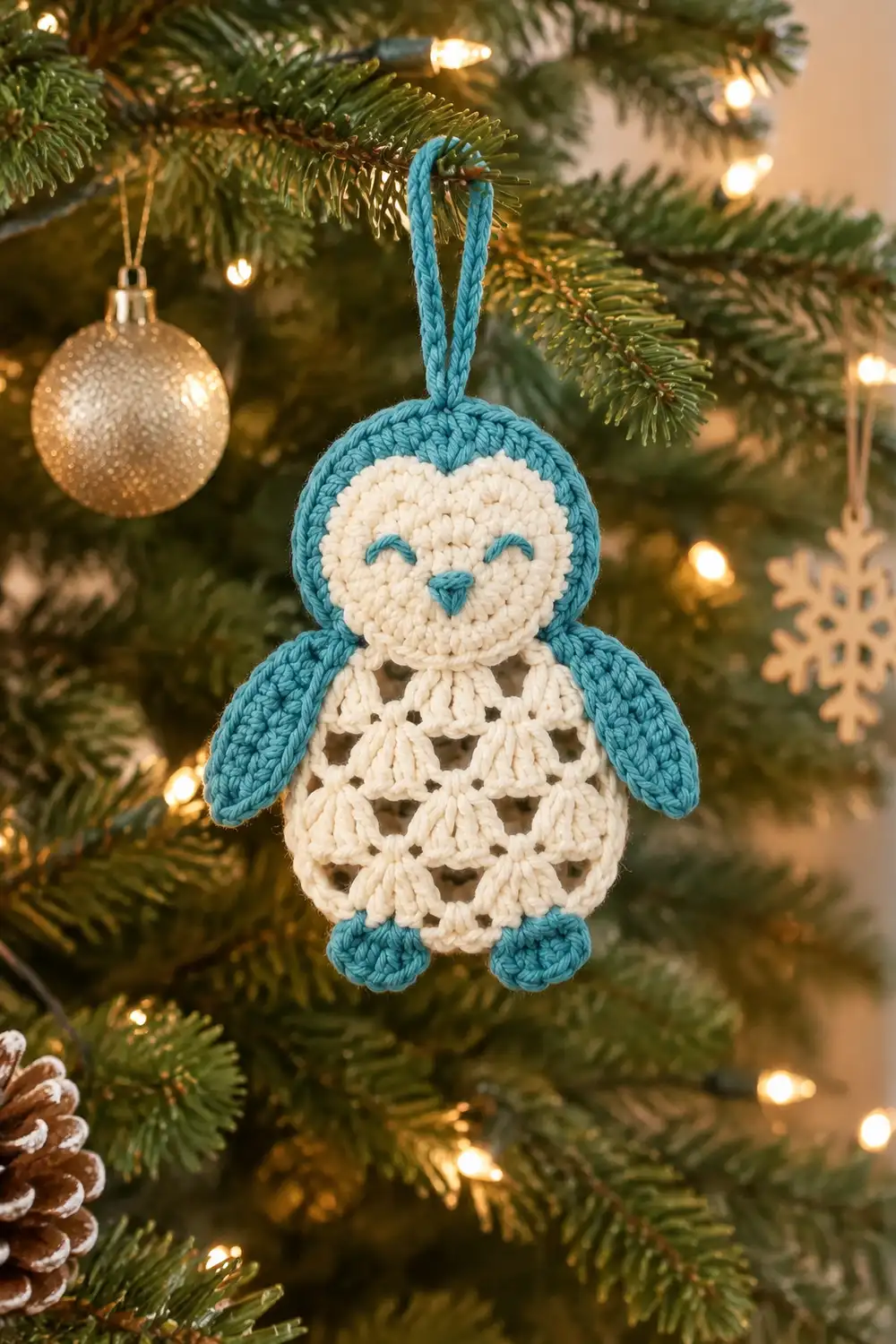 A crocheted blue and cream owl ornament with closed eyes hangs from a evergreen branch amid twinkling lights.