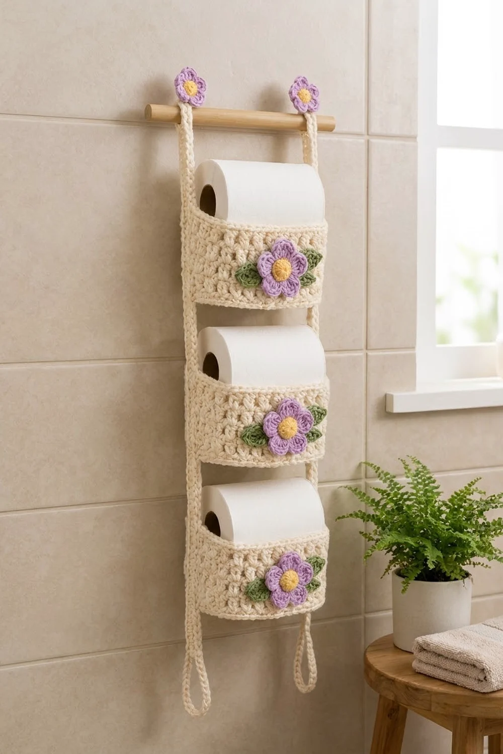 Crocheted cream toilet paper holder decorated with purple and yellow flowers mounted on bathroom wall beside a fern and towels.