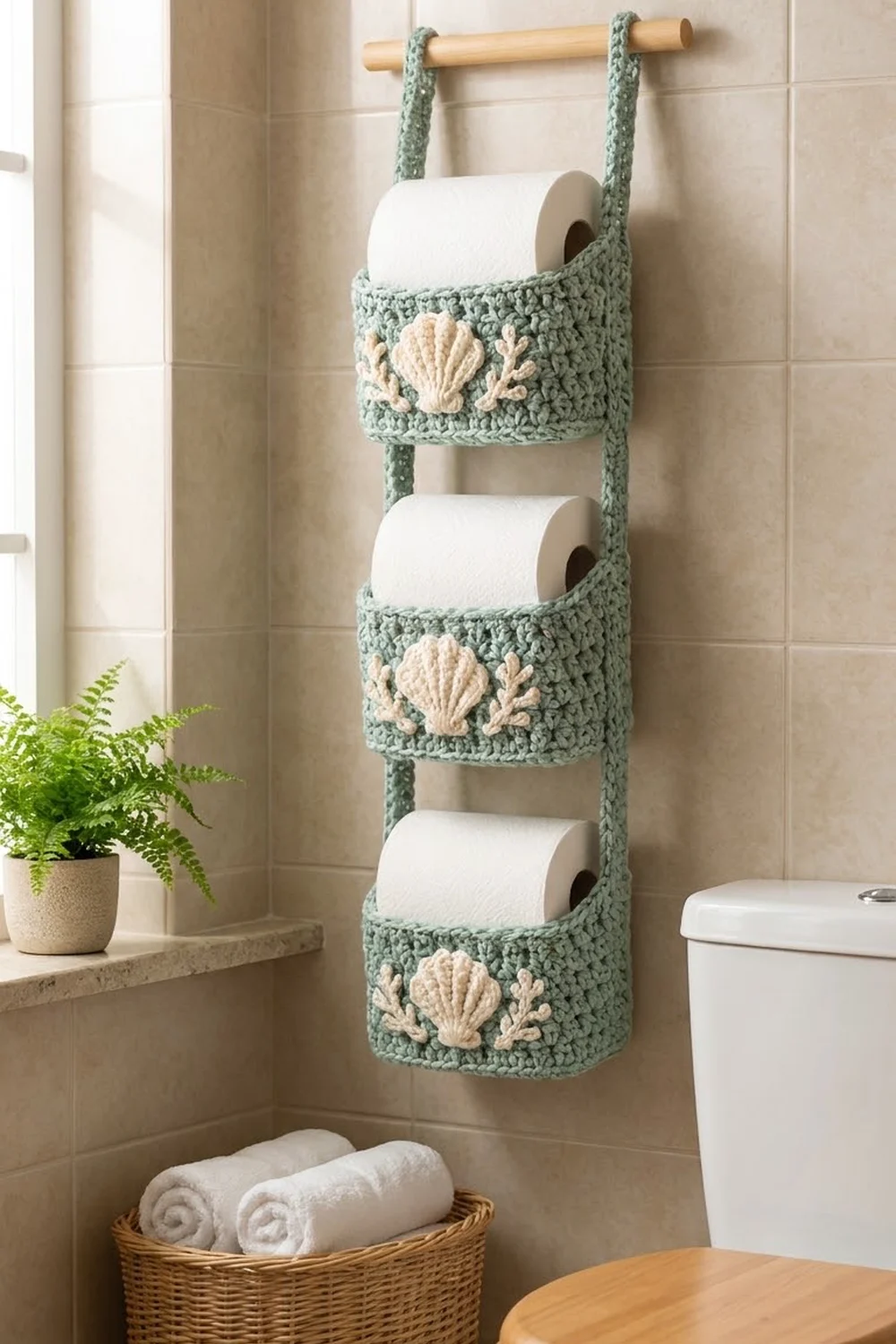 Crocheted toilet paper holder with three sage-green pockets and cream seashell accents mounted above a towel basket.