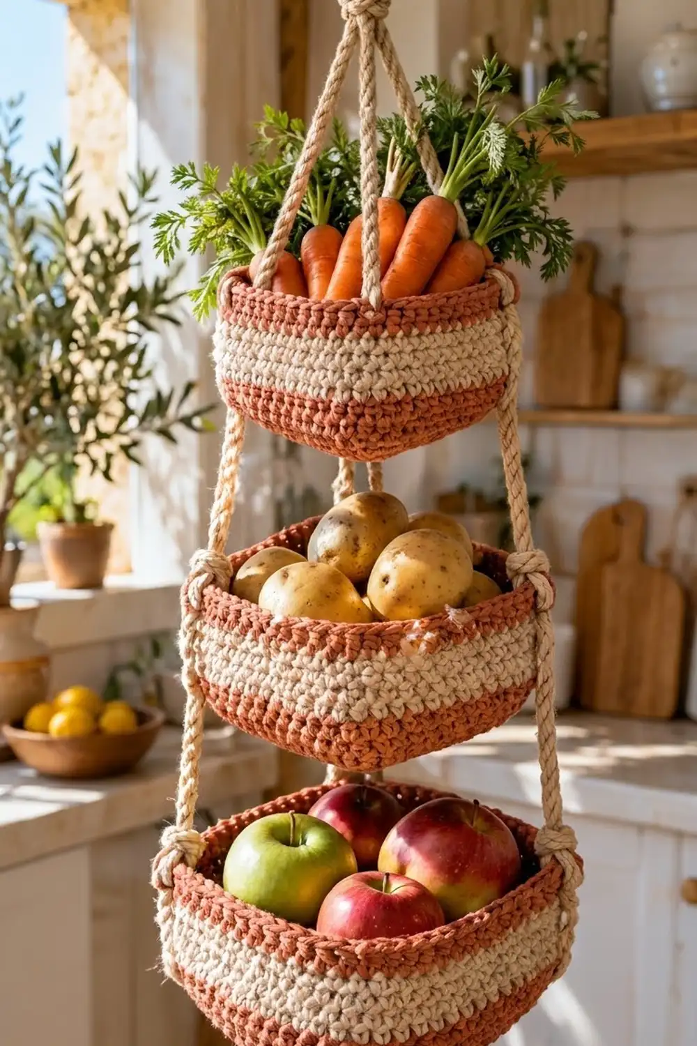 Three-tiered crocheted hanging basket in cream and coral stripes holding carrots, potatoes, and apples in a sunny kitchen.