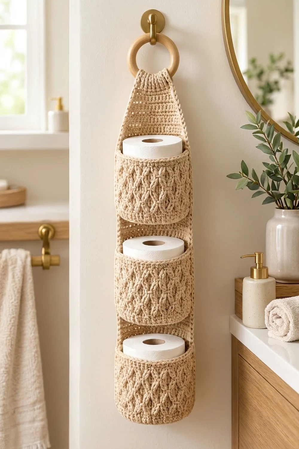 Crocheted beige tissue holder with three white toilet paper rolls displayed on a bathroom wall in a minimalist setting.