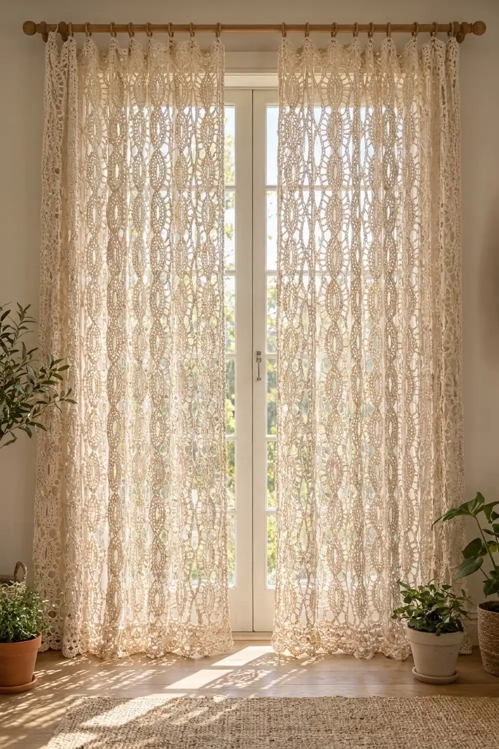 Cream lace curtains hanging from a wood rod frame a sunlit window with potted plants on the sill.