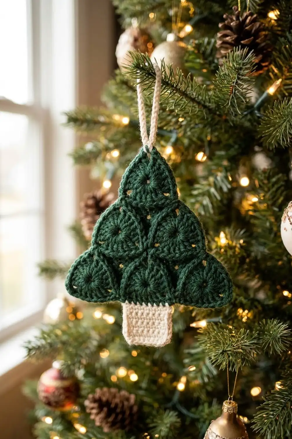 Dark green crocheted tree ornament with cream trunk, hanging on decorated evergreen with warm lights.