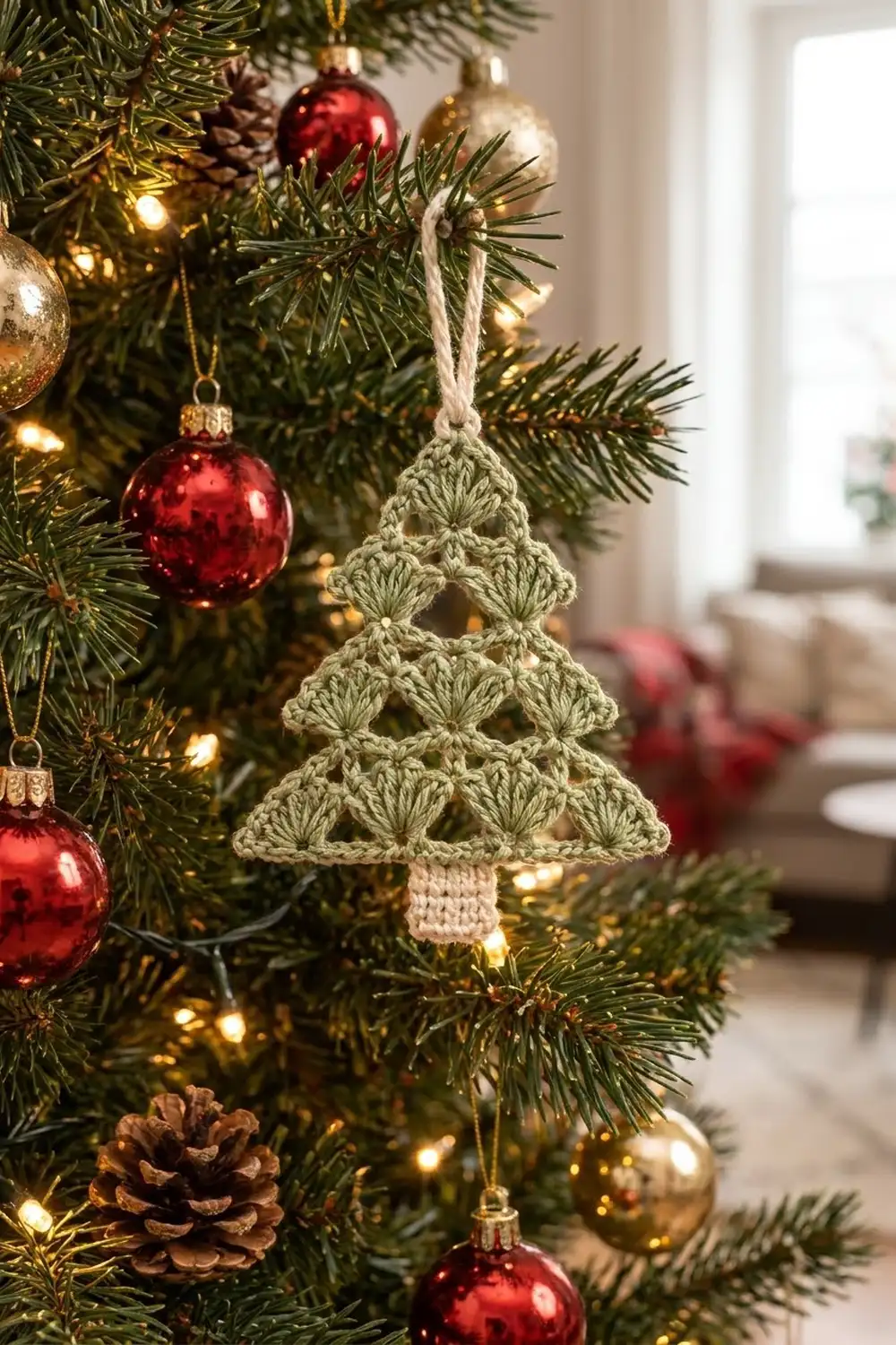 Cream crocheted Christmas tree ornament decorates an evergreen tree with red baubles and warm lighting.