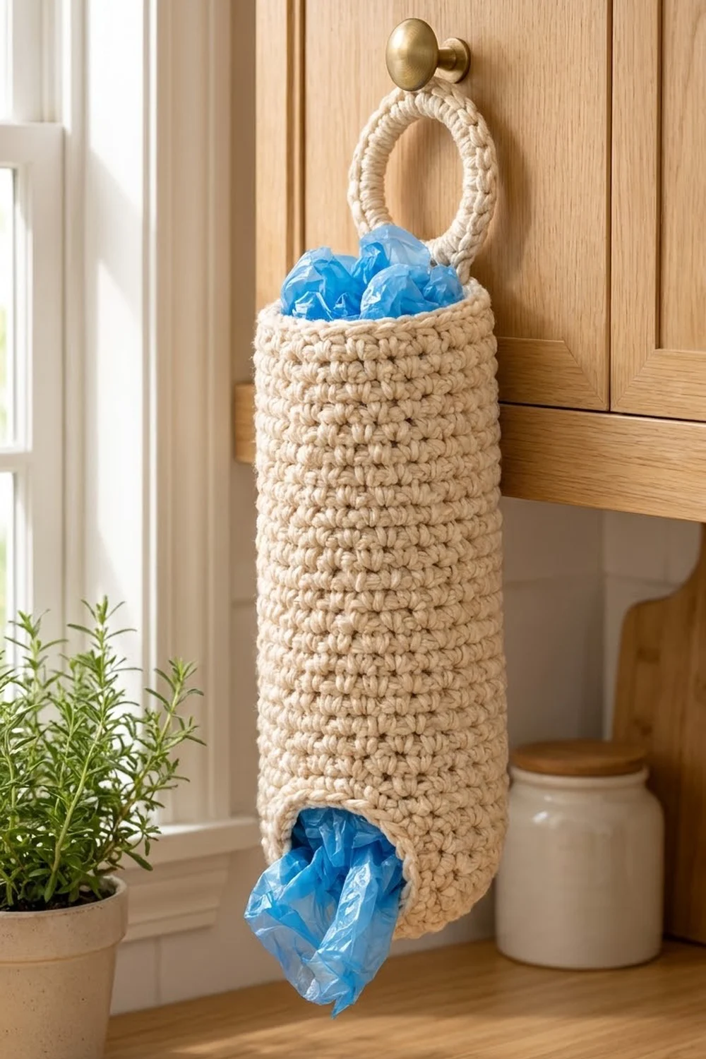 Cream crocheted wall organizer with rope handle and brass knob, stuffed with blue plastic bags.