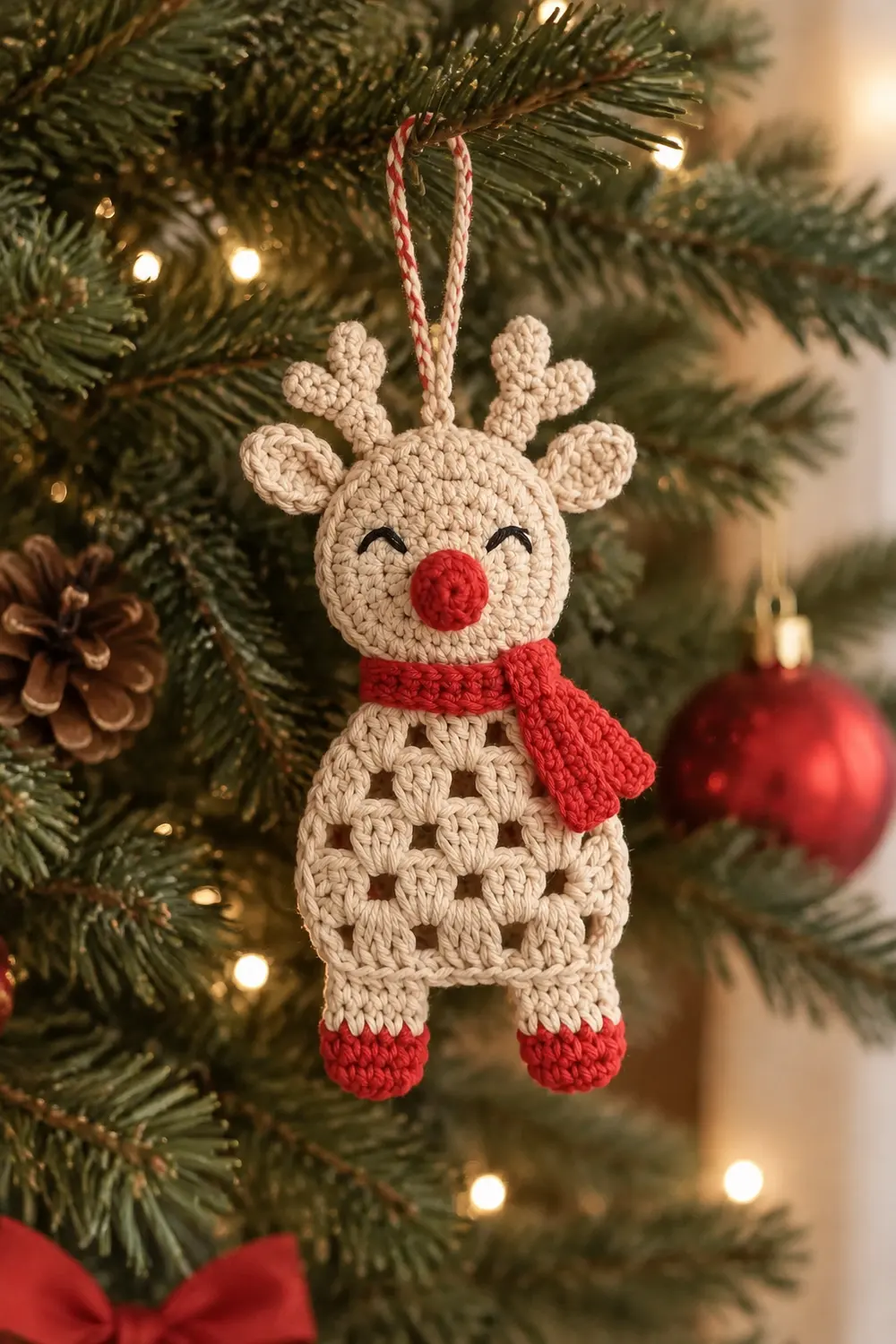 Crocheted reindeer ornament with red nose and scarf hanging on evergreen tree branch with lights.
