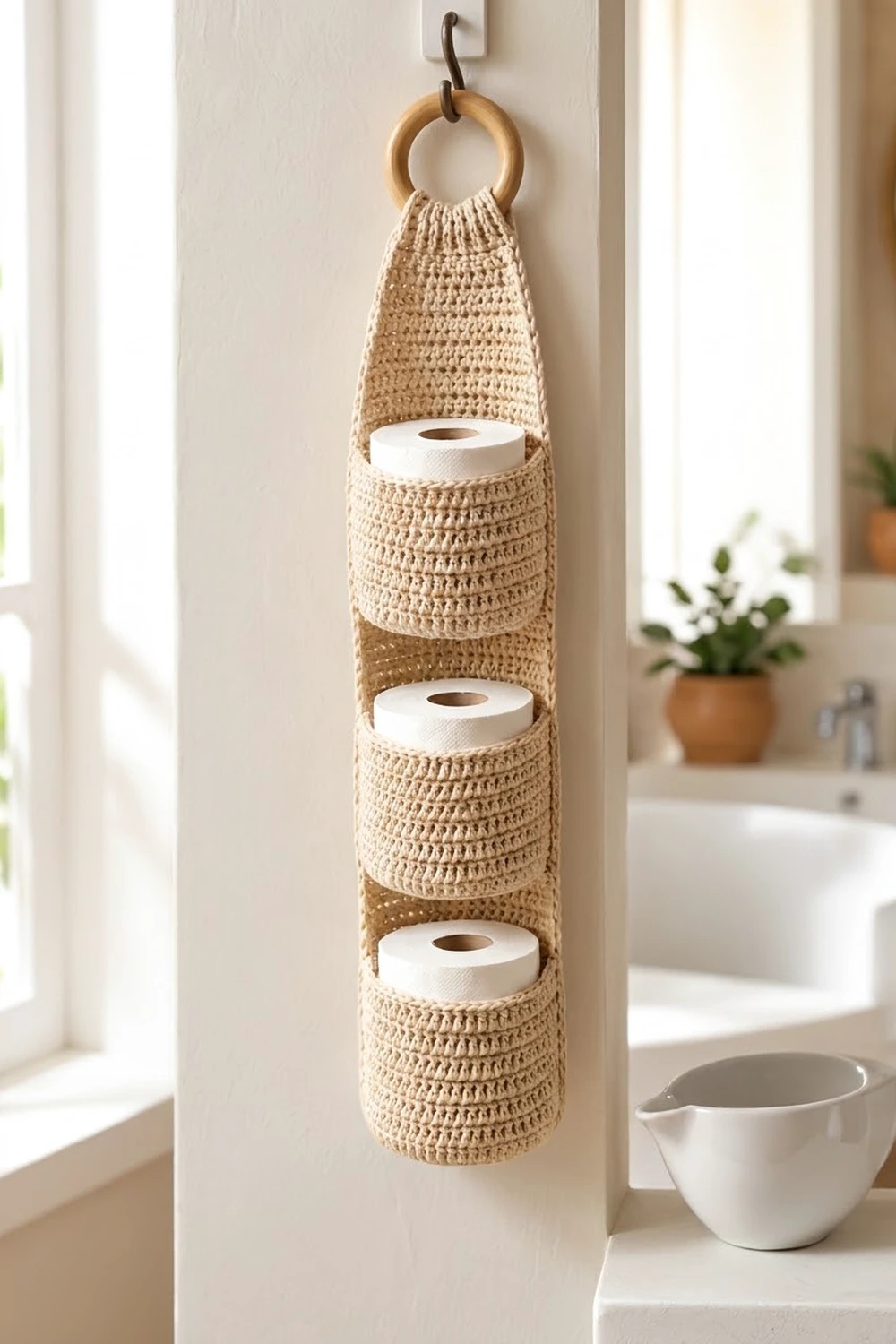 Crocheted tan toilet paper holder with wooden ring hanging in a bright, minimal bathroom holding three white rolls.
