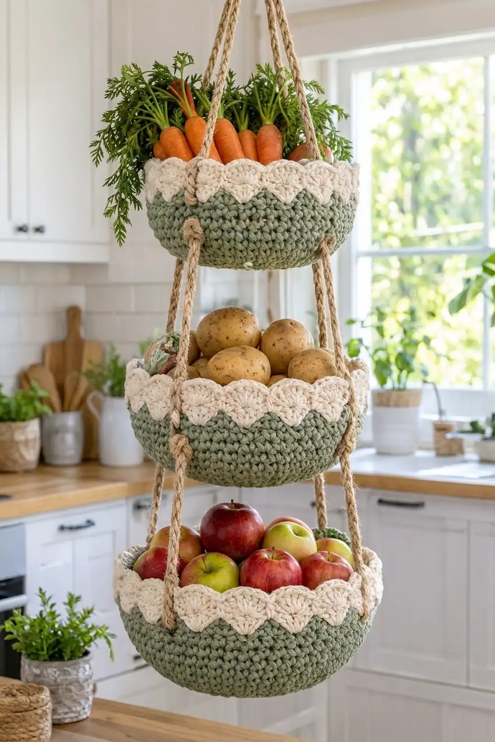 Sage green and cream crocheted three-tier hanging basket filled with fresh carrots, potatoes, and apples in a bright kitchen.