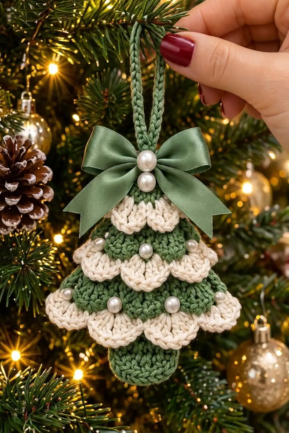 Hand holding a crocheted green and cream Christmas tree ornament with a ribbon bow, surrounded by lit evergreens and decorations.