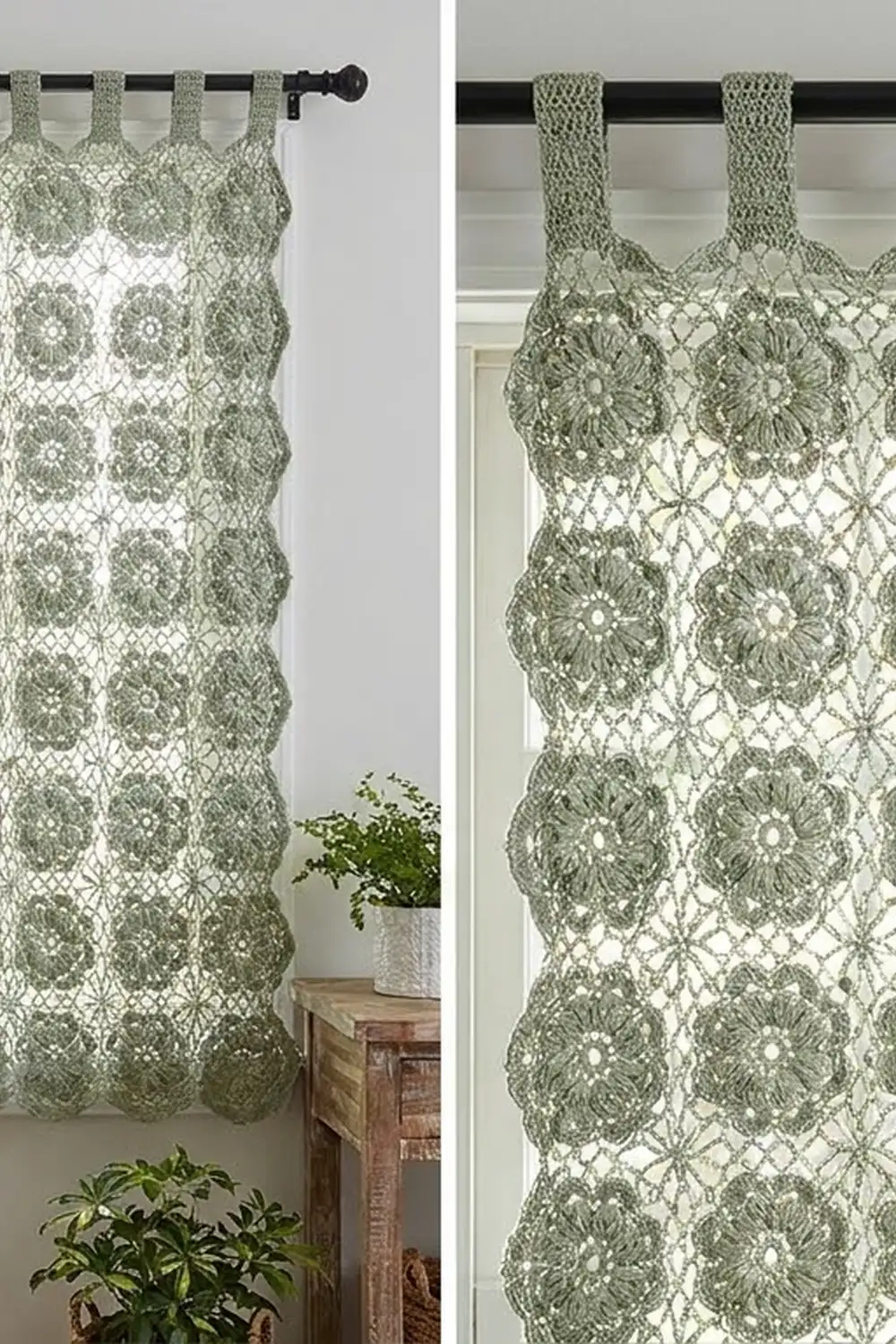 Sage-green lace curtains with floral pattern hang on black rods, framing a bright window above potted plants on wooden table.