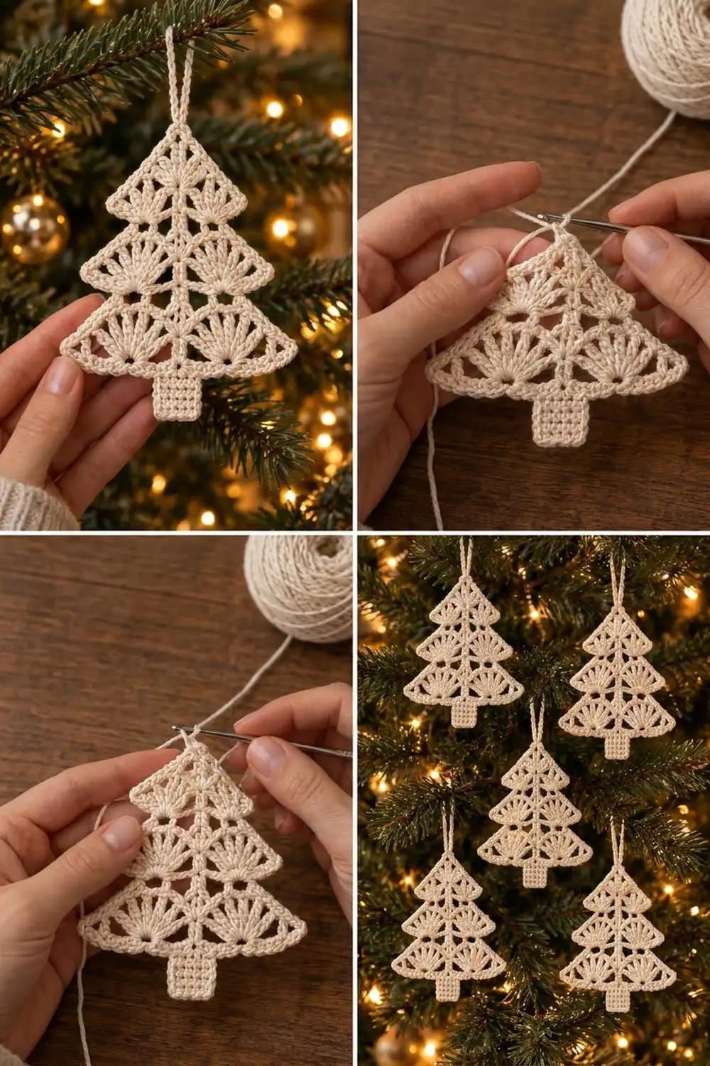 Cream-colored crocheted lace Christmas tree ornaments hanging on an evergreen tree with warm white lights.
