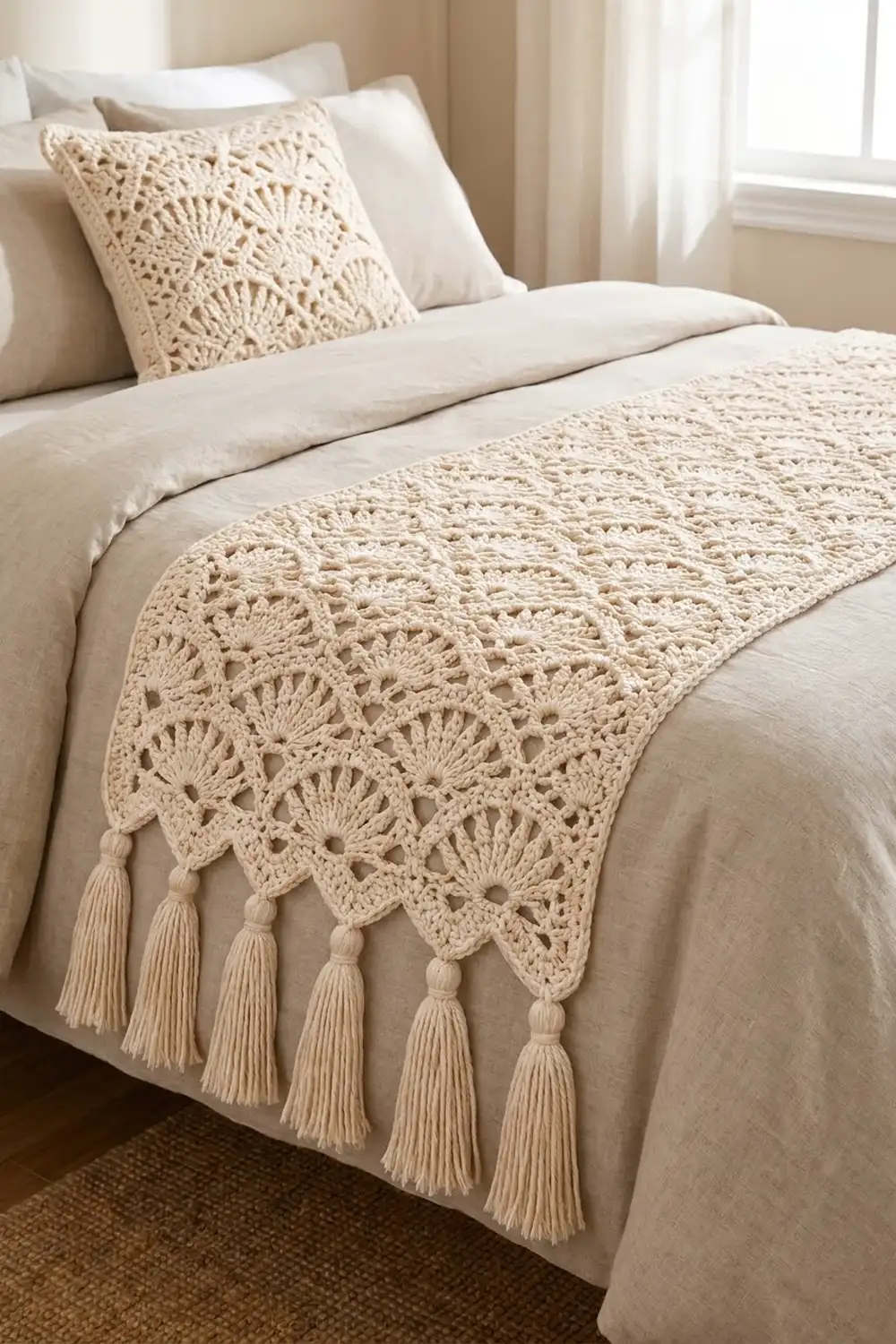 Cream crocheted blanket with lacy shell pattern and tassel fringe displayed on neutral bedding in a sunlit bedroom.