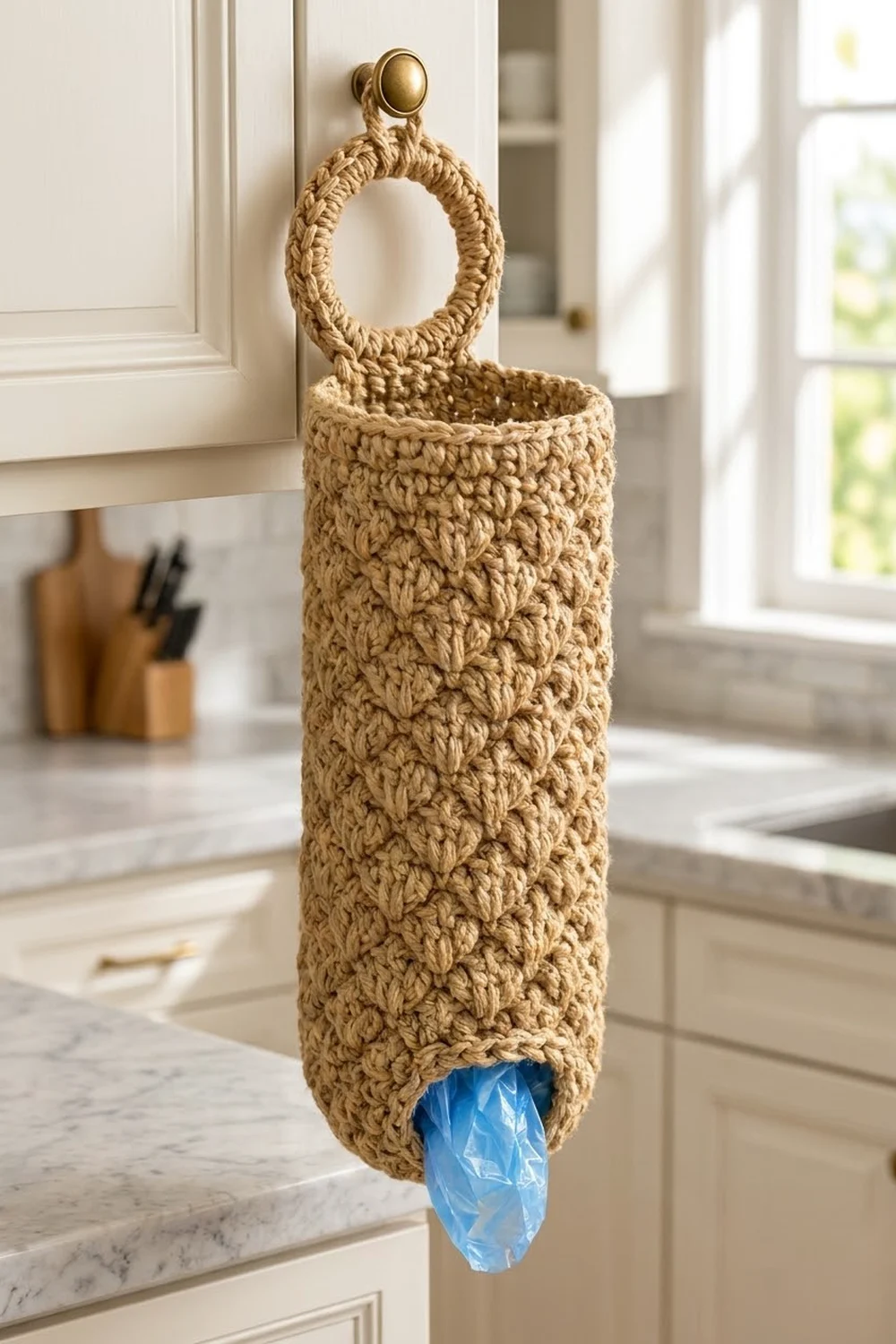 Beige crocheted trash holder with brass ring handle displayed on bright, minimalist kitchen counter near window.