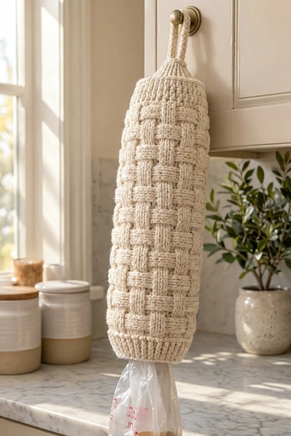 Cream crocheted tote bag with woven pattern hanging on brass hook beside potted plant and ceramic containers in bright kitchen.