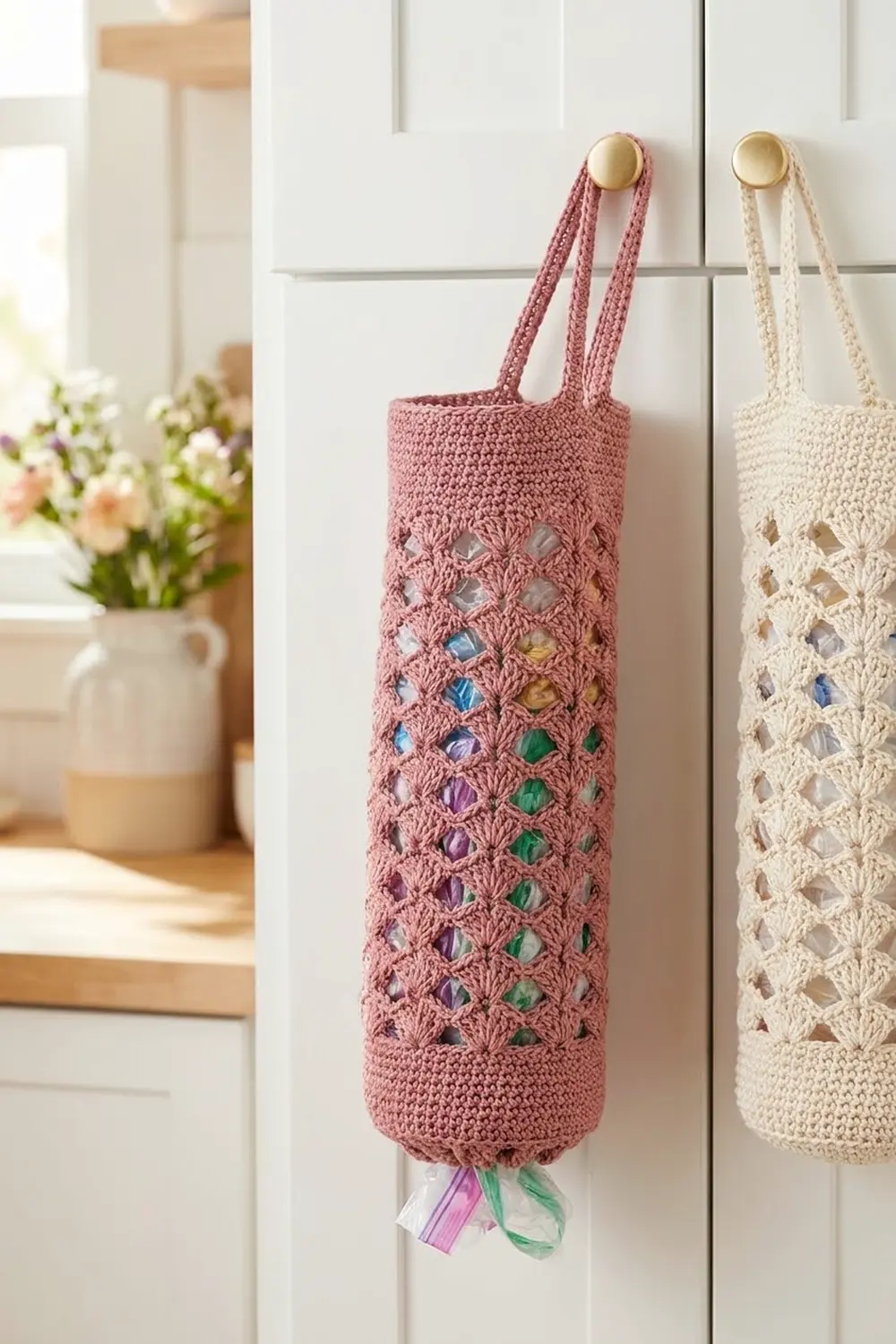 Crocheted storage bags in dusty rose and cream with lattice designs hang from brass hooks on a white paneled wall.
