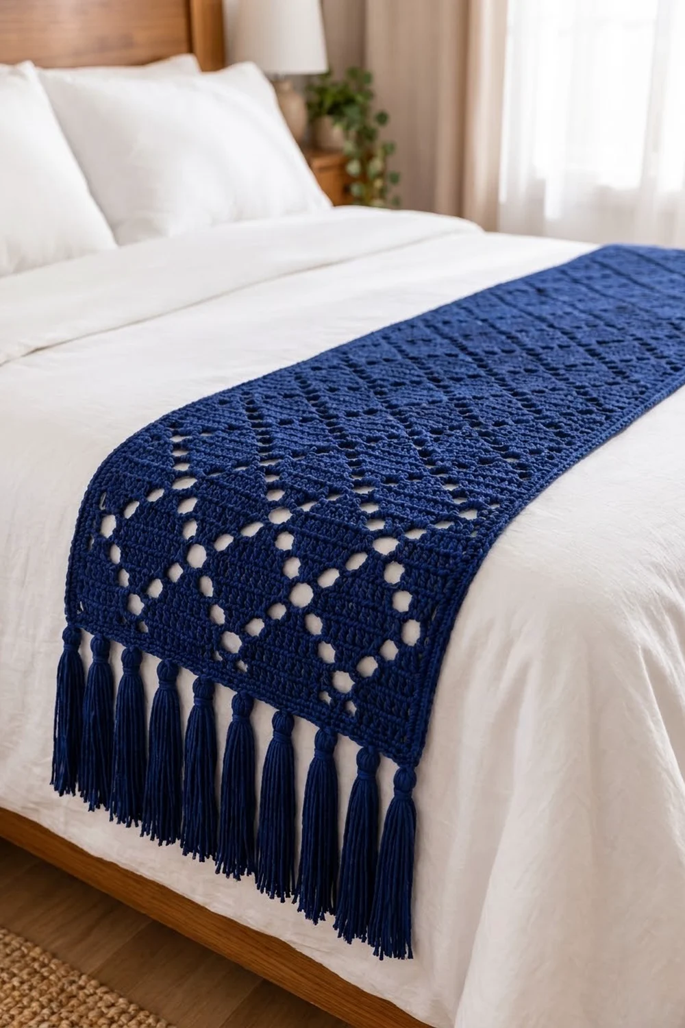 A navy crocheted throw with geometric lace pattern and fringed edge displays across white bedding in a modern bedroom.