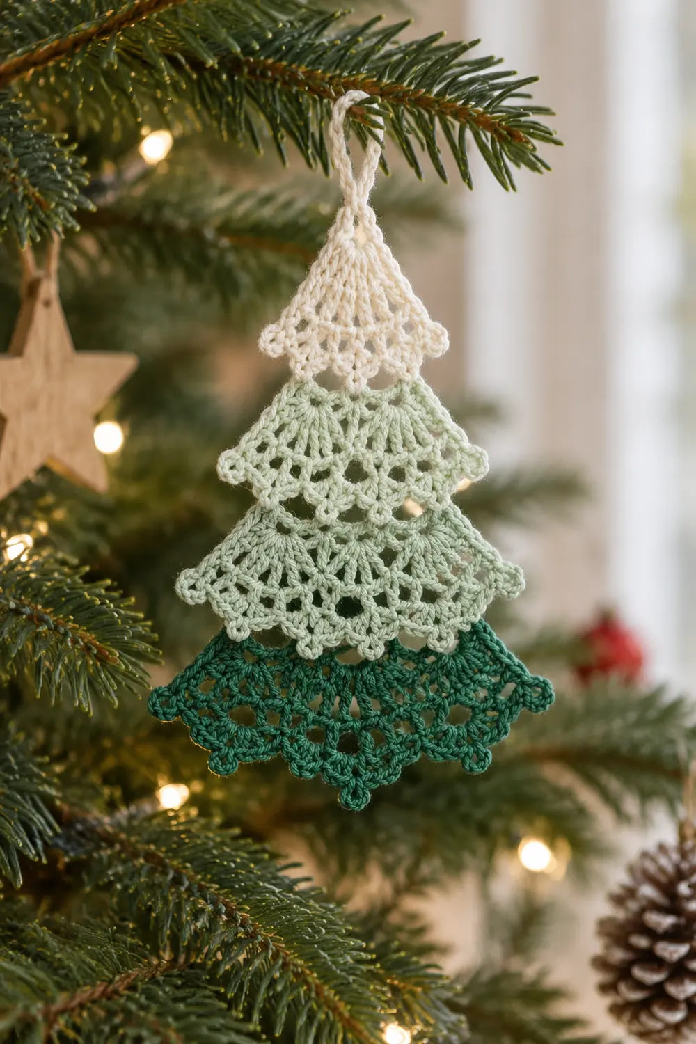 A crocheted three-tier Christmas tree ornament in cream, light green, and dark green hanging from an evergreen branch.