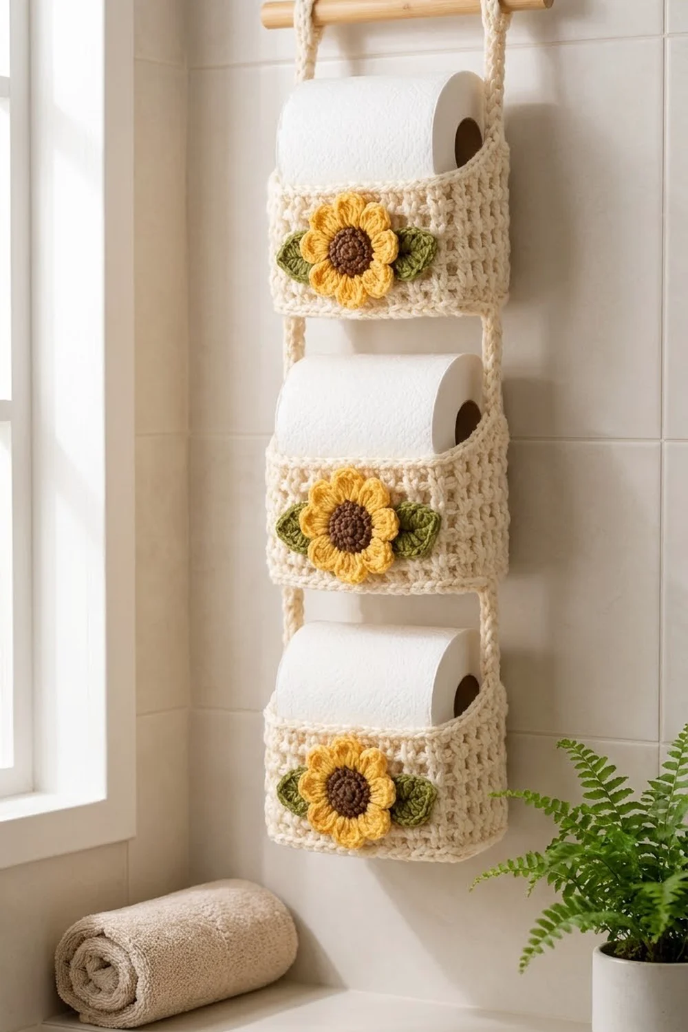 Cream crocheted toilet paper organizer with three pockets decorated with yellow sunflowers and green leaves on white bathroom tile.