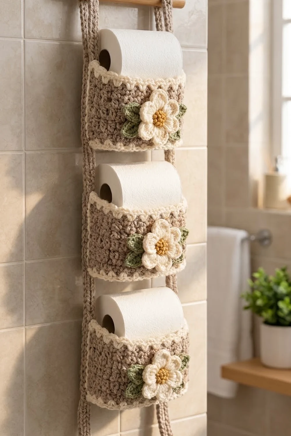 Crocheted toilet paper holder with three white rolls and cream flowers, hanging from rope on a bathroom tile wall.