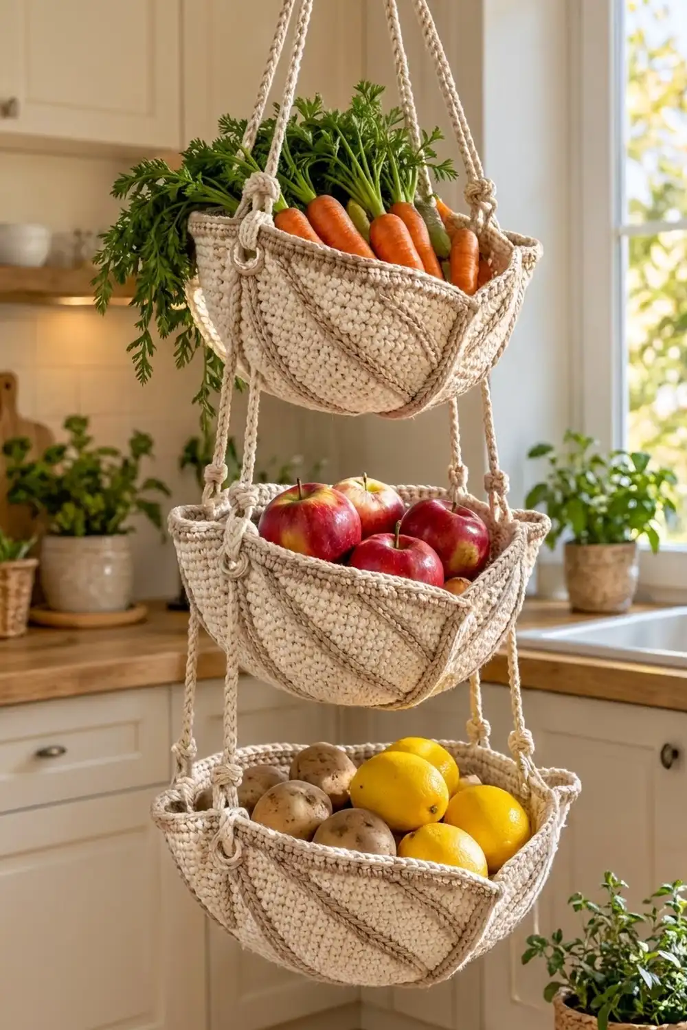 Cream macramé three-tier hanging basket holding carrots, red apples, and lemons in a bright kitchen.