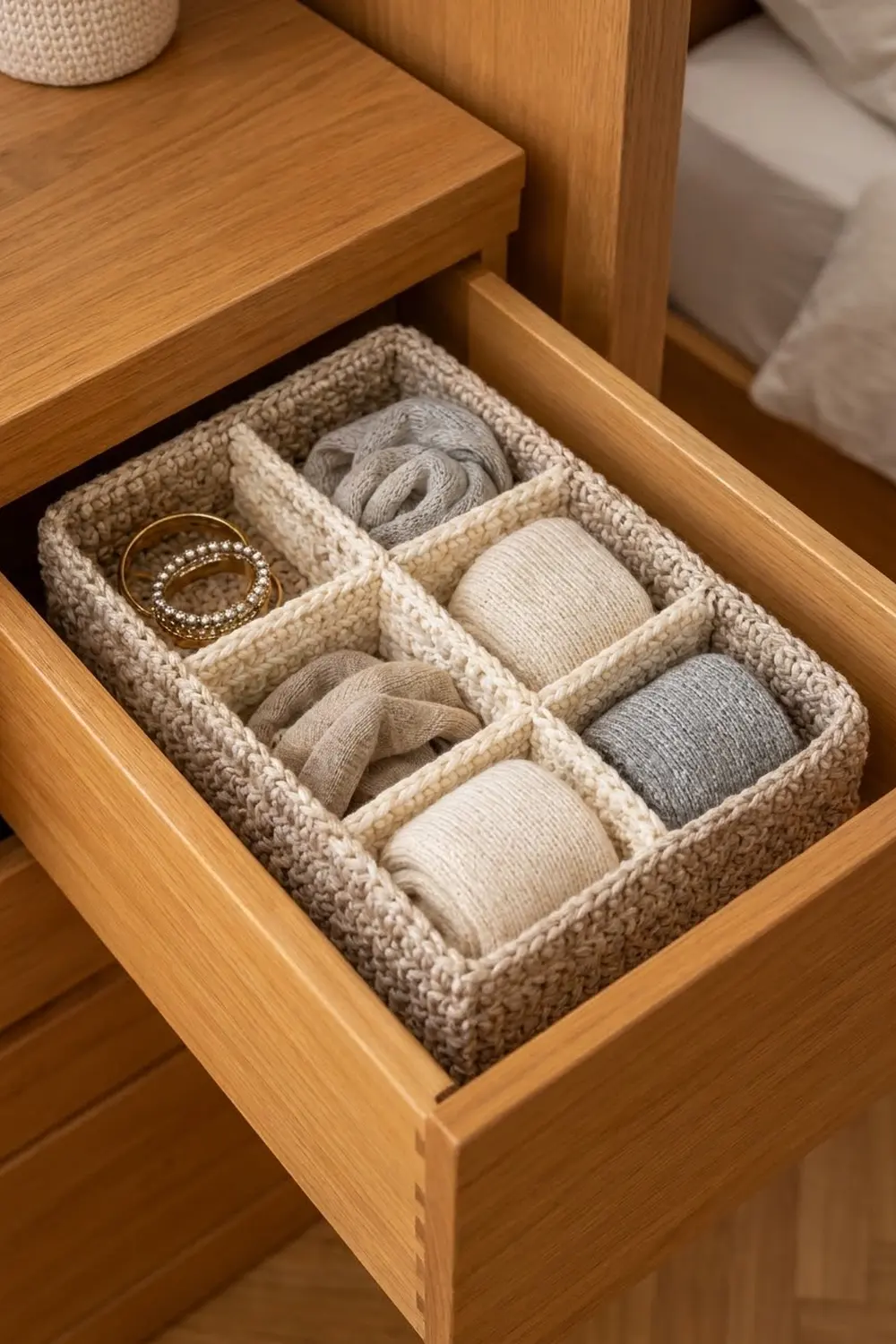 Beige crocheted organizer with yarn rolls and gold jewelry stored in a wooden drawer beside a bed.