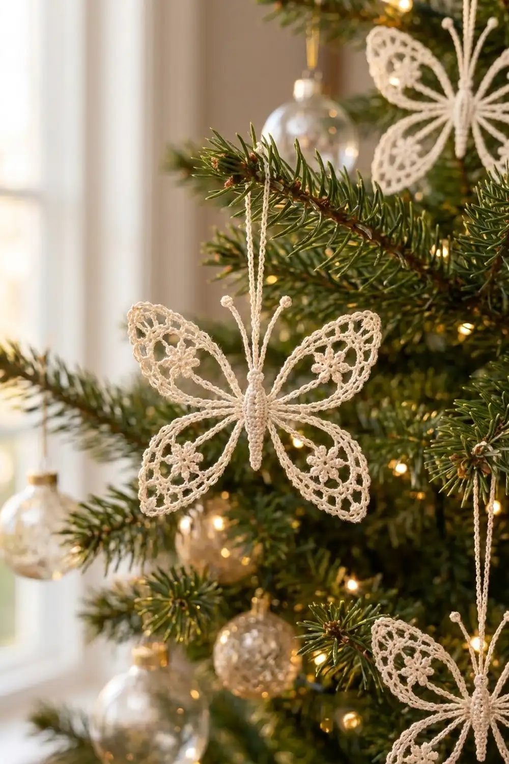 Delicate cream crochet butterfly ornament with lace-patterned wings adorning an evergreen Christmas tree with glass baubles and warm lights.