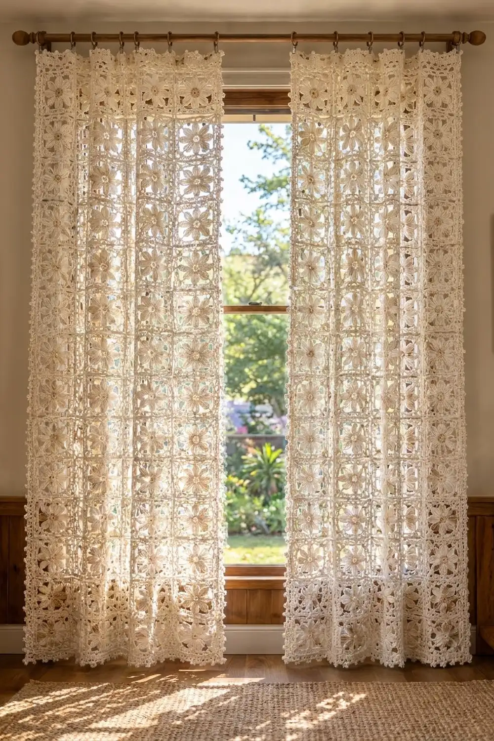 Cream crocheted curtains with delicate daisy motifs frame a bright window with a green garden view.