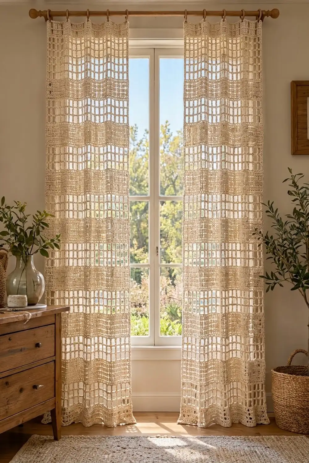 Cream crochet curtains with openwork geometric pattern hang at a sunlit window, framed by wooden furniture and potted greenery.
