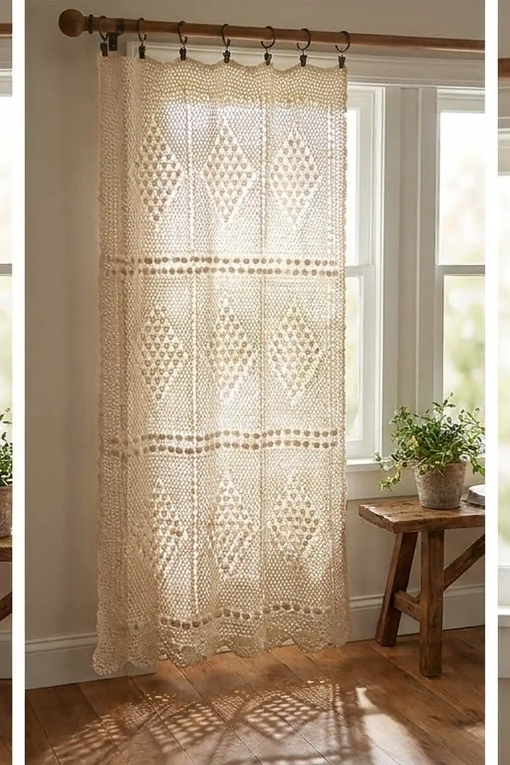 Cream crochet lace curtain with diamond pattern hanging on wooden rod in sunlit room with potted plant on wooden table.