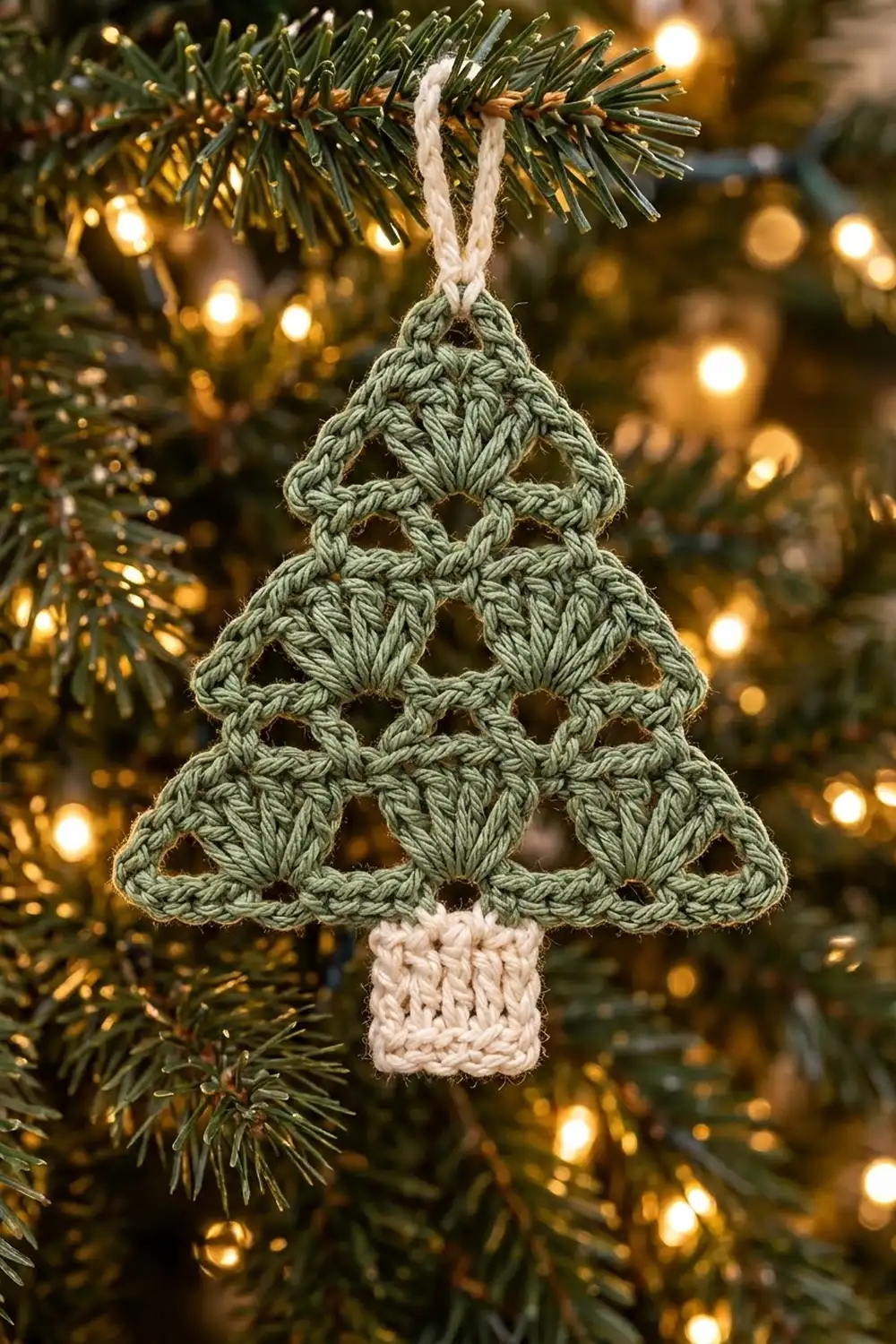 Sage green crocheted tree ornament with cream trunk hanging from an evergreen branch near twinkling warm lights.