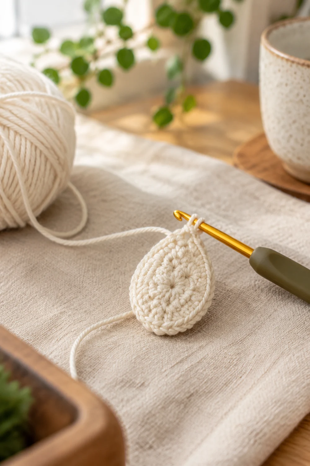 A small cream crochet teardrop ornament on a linen cloth with yarn and crochet hook nearby.