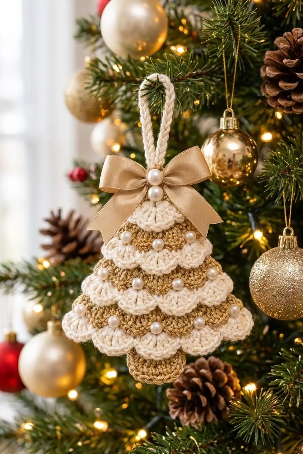 Crocheted beige ornament with cream scalloped layers and pearl accents hangs on a decorated Christmas tree.