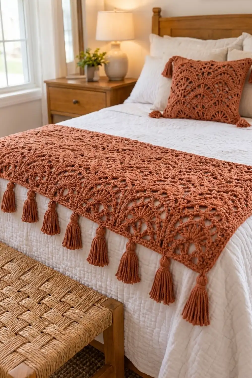 Rust-colored crochet throw with tassels and matching pillow styled on a white bed in a warm bedroom.