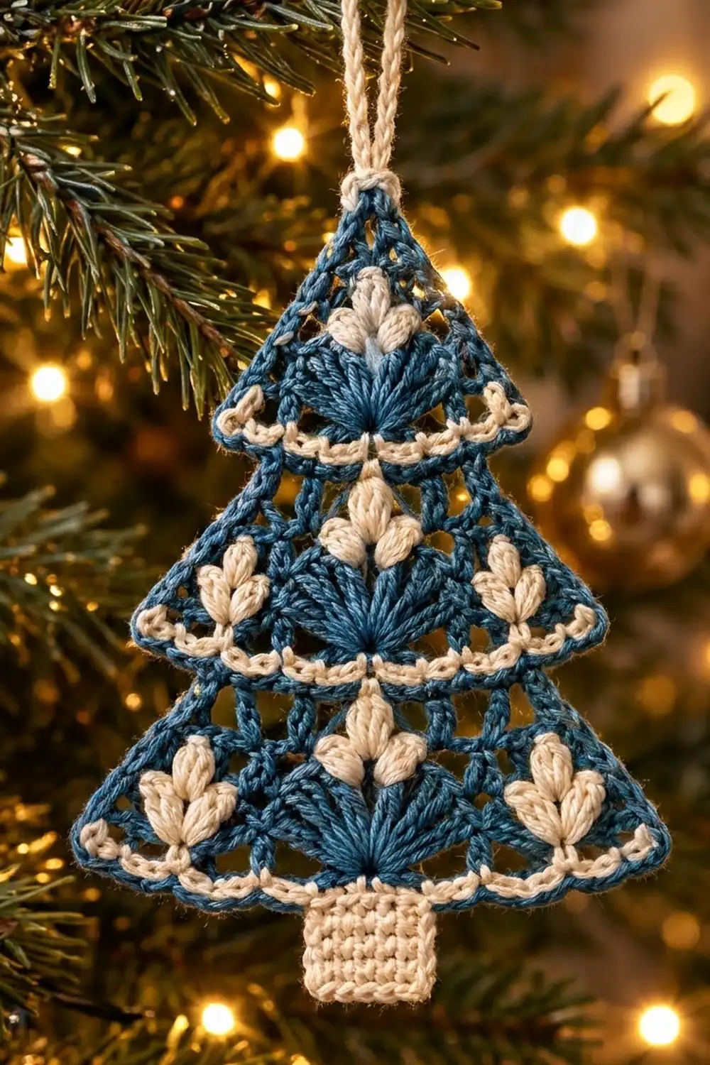 Navy-and-cream crocheted Christmas tree ornament hanging from an evergreen branch with warm golden bokeh lights.