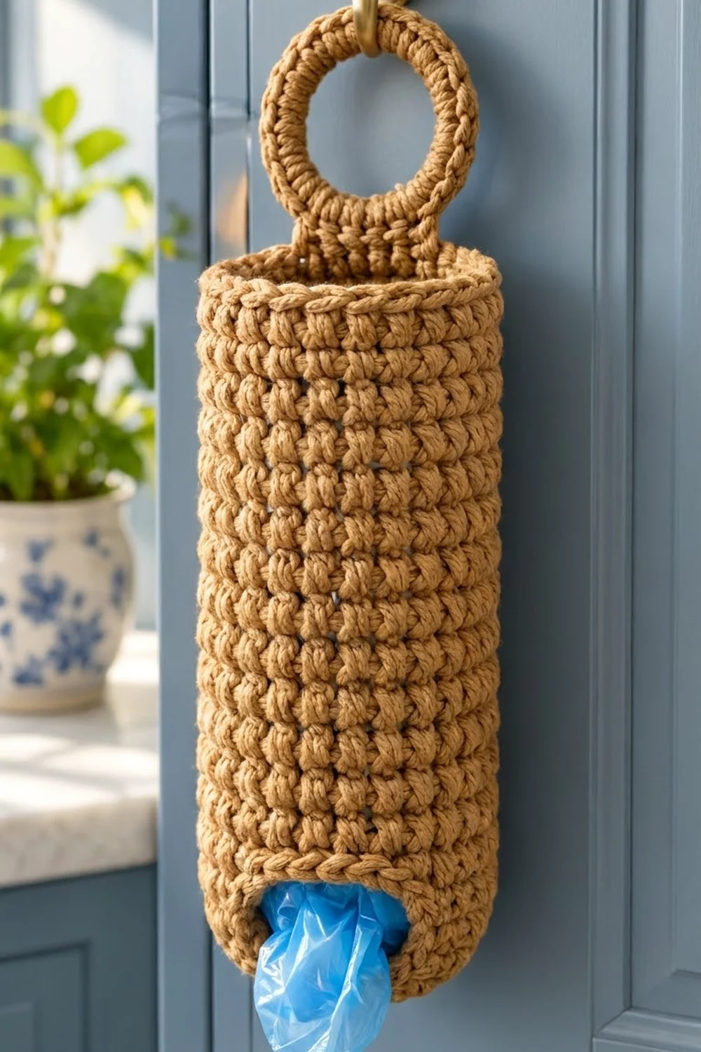 Tan crocheted bag with rope handle hanging on a grey door, holding a blue plastic bag beside potted flowers.