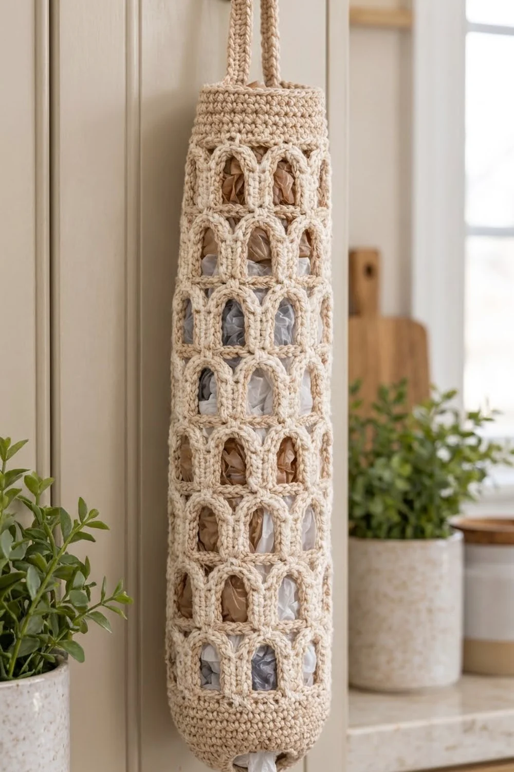 Beige crocheted hanging organizer with rope handles displayed in a bright home interior surrounded by potted green plants.