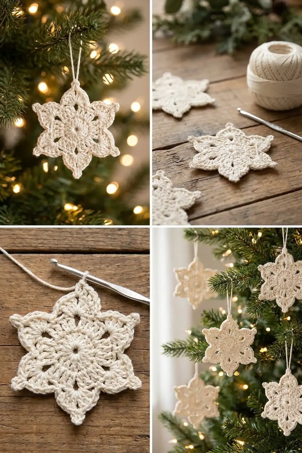 Beige crocheted snowflakes on a Christmas tree with warm lights and displayed as craft with yarn and hook on wood.