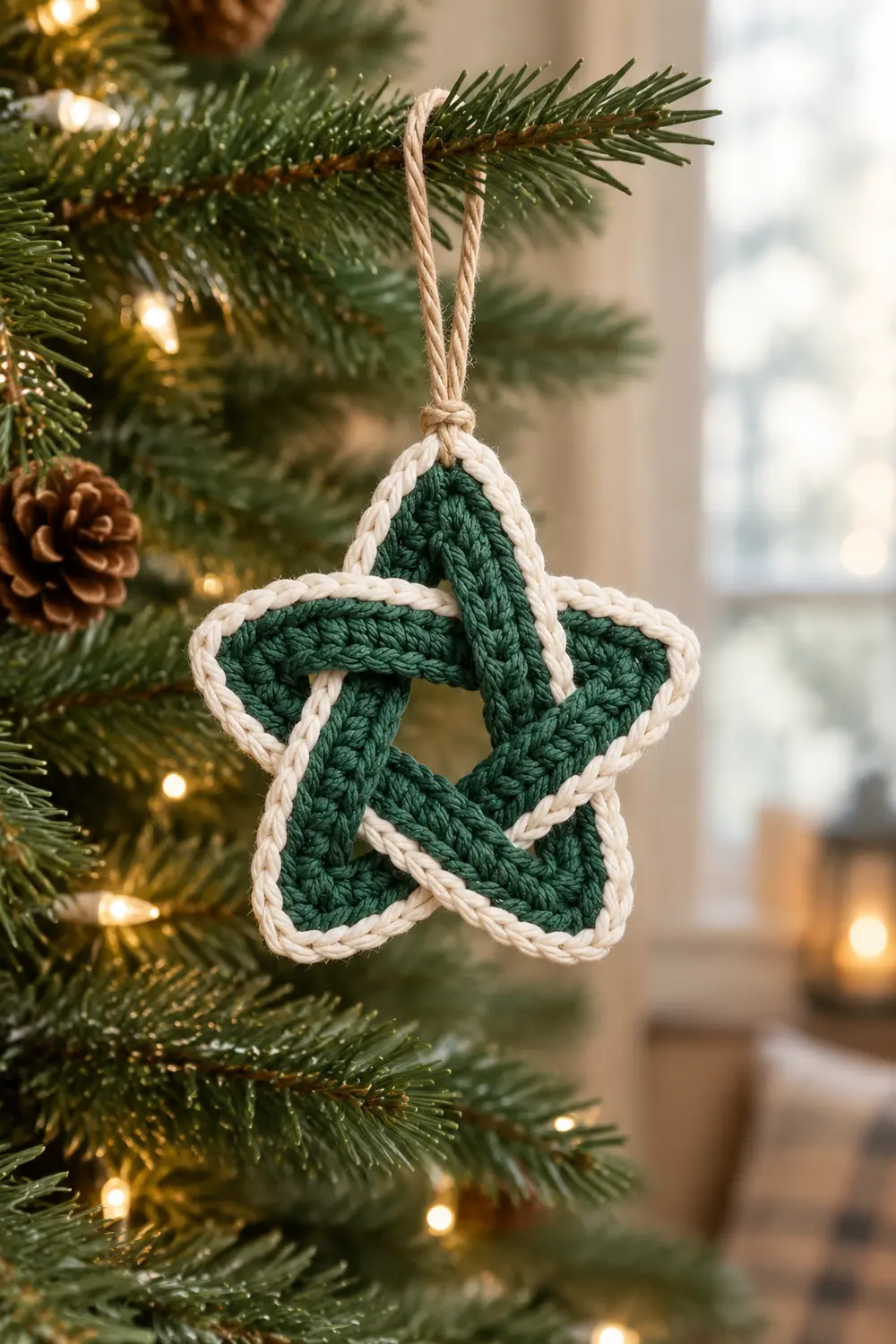 A crocheted green and cream star ornament hanging from twine on an evergreen branch with twinkling lights.