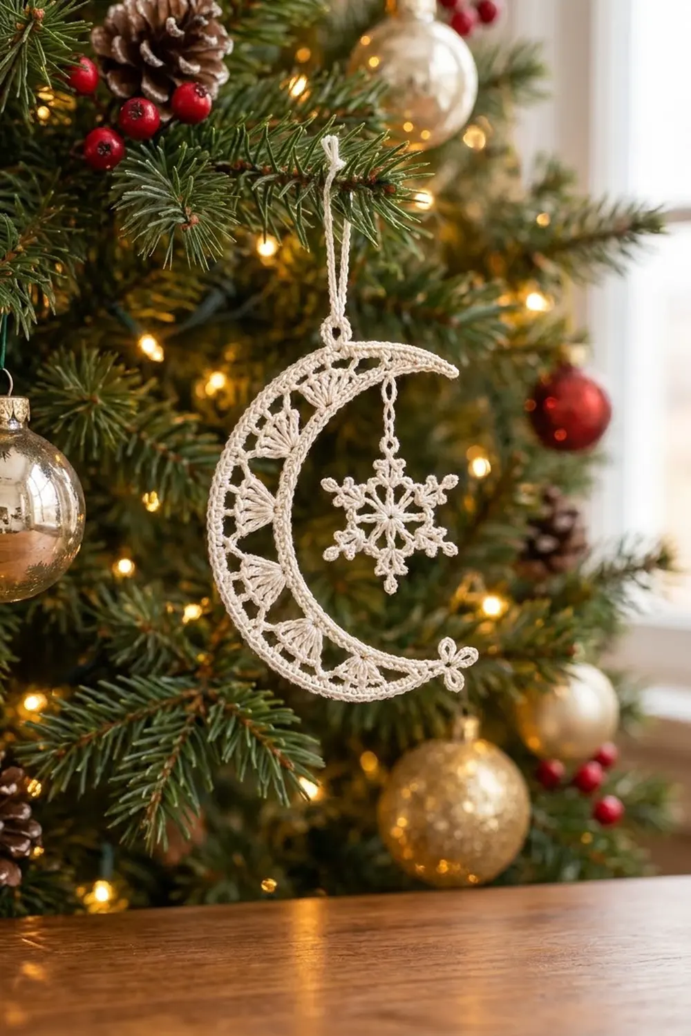 Crocheted cream moon with attached snowflake ornament displayed on Christmas tree with warm lights.