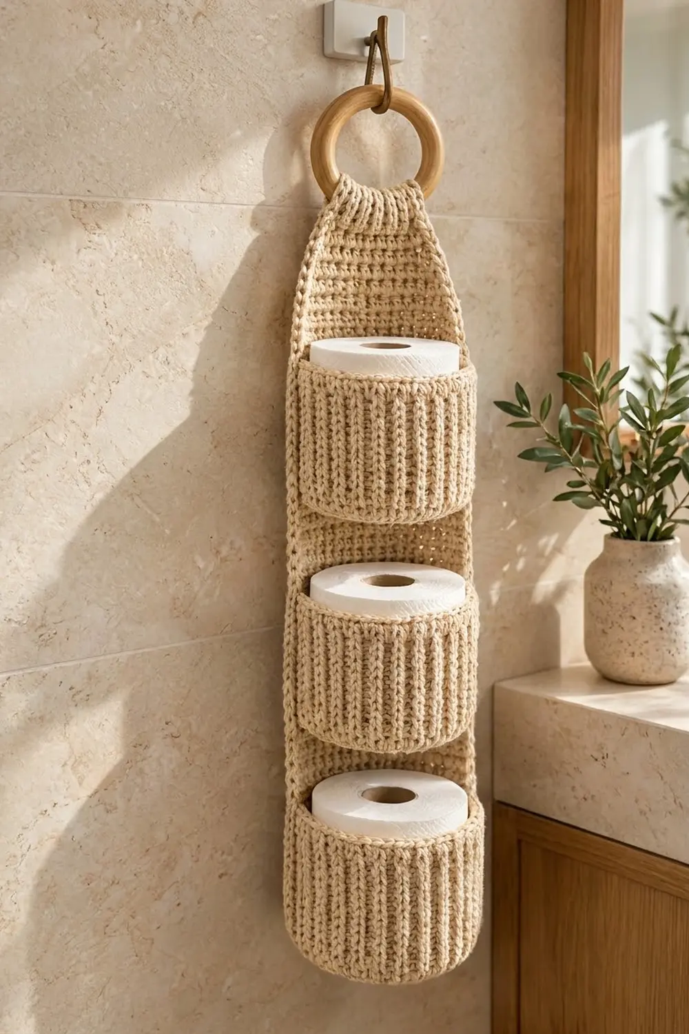 Three-pocket cream crocheted toilet paper holder with wooden ring mounted on textured bathroom wall beside plant.