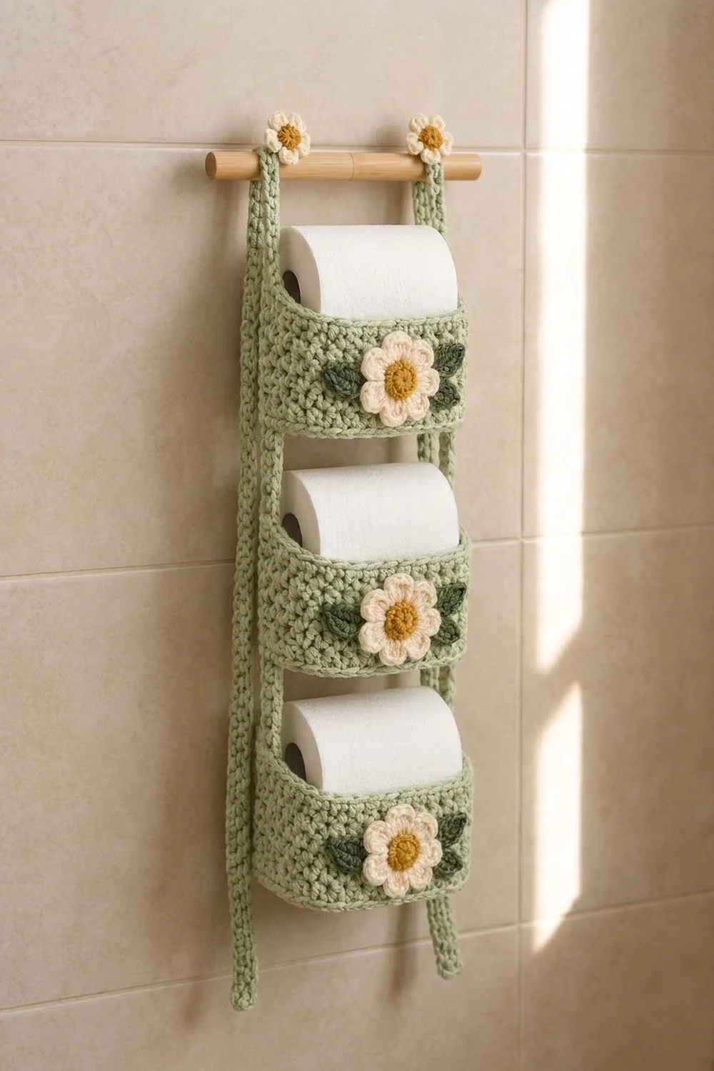 Sage green crocheted toilet paper holder with white daisies hanging on a beige tiled bathroom wall, holding three white rolls.