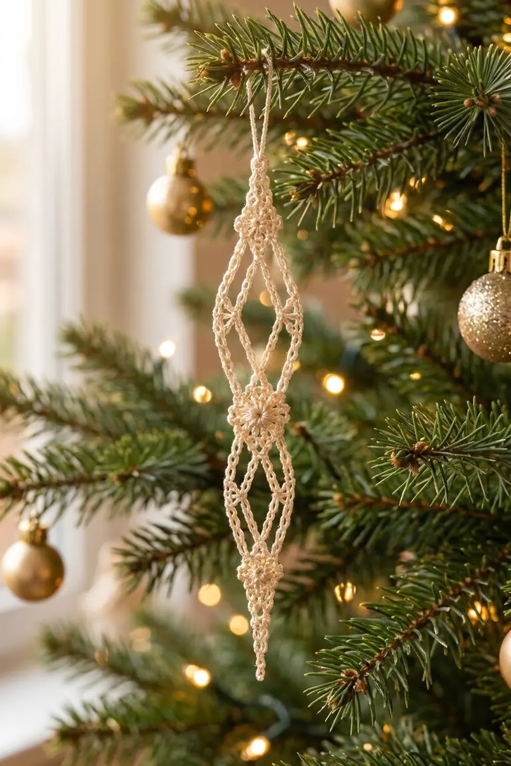 A cream crochet ornament with intricate lacy patterning hangs from an evergreen branch among gold baubles and warm lights.